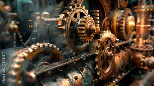 Victorian-era machinery, steampunk style, intricate gears, bronze hue, low-angle shot.
