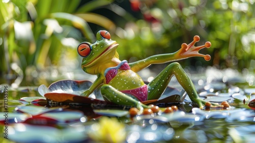 A frog in a bikini sunbathing on a lily pad in a pond, summer holiday concept