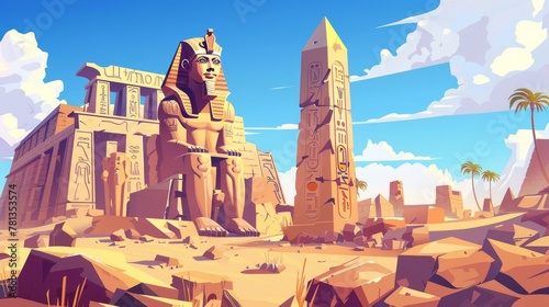 Egyptian temple with a pharaoh statue and an obelisk. Cartoon landscape of the Egyptian desert with famous landmarks. photo