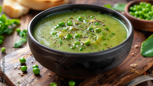 green pea cream soup in a ceramic pot with mashed and whole peas photo