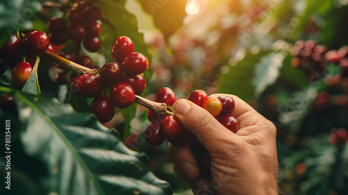 handpicking coffee cherry from the caffee plant photo