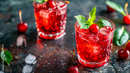 Sour Cherry Negroni Cocktail, umgeben von verstreuten Kirschen auf dem Tisch. Das Getränk befindet sich in einem eleganten Glas und hat eine satte Farbe.