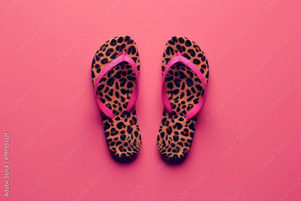 leopard beach slippers on pink background, vacation, summer leopard beach slippers on pink background, vacation, summer