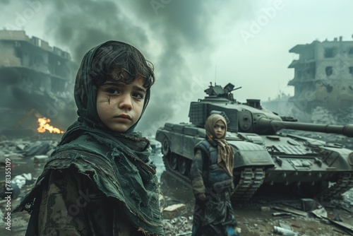 Witness the poignant portrayal of innocence lost as children sit before a city devastated by war, with tanks firing in the distance amid billows of smoke