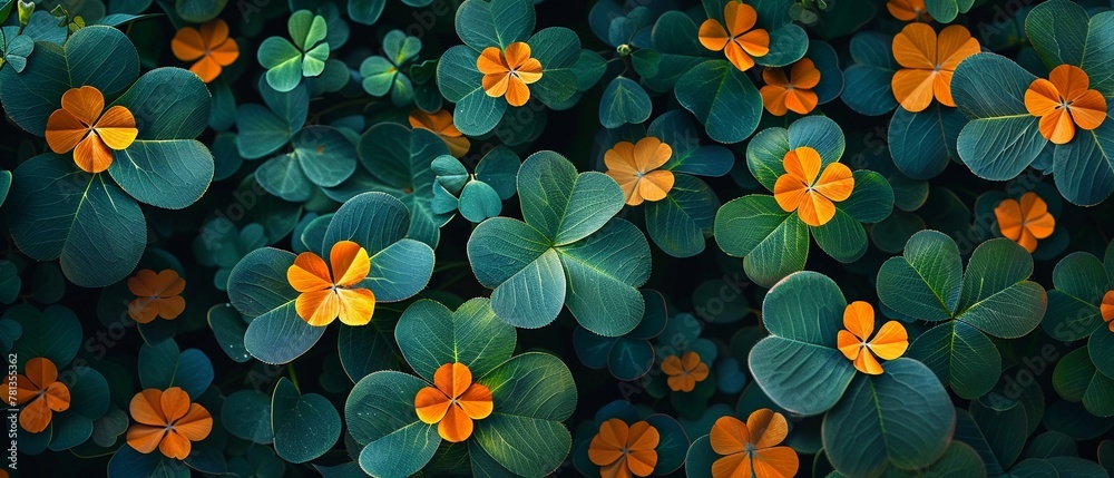 Bright cartoonish four-leaf clovers peeking out among three-leafed ones Bright cartoonish four-leaf clovers peeking out among three-leafed ones