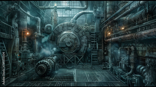 Steam plant brought to life in a hyper-realistic manga and sci-fi style, showcasing industrial might and future tech