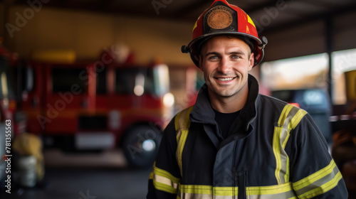 smiling male firefighter in a red uniform and fire helmet against the background of a fire station, cars, extinguishing, professional, specialist, rescuer