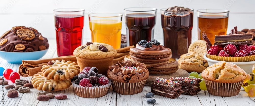 A composition of various food items including cookies, muffins and candy bars with fruit juice in glasses on a white wooden table