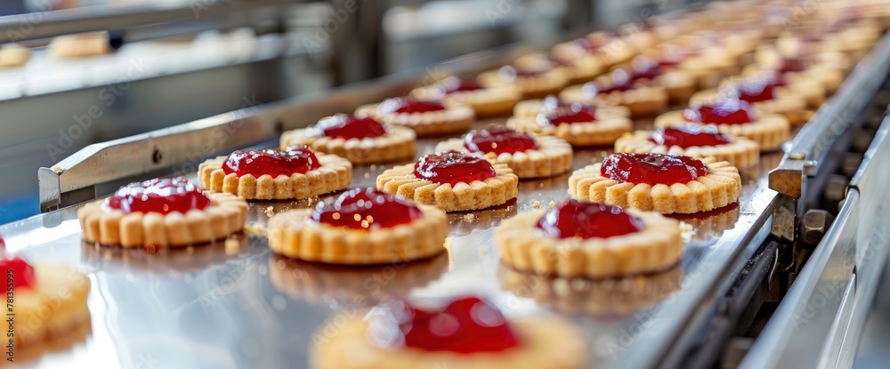 A factory machine bakes cookies with red drops of jam on them, many cookies lie