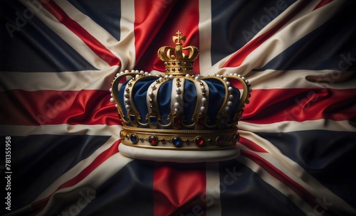 Colorful jewels and pearls adorn a stylish royal crown with a cross on top, set against a silky UK flag background photo