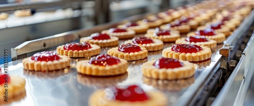 A factory machine bakes cookies with red drops of jam on them, many cookies lie