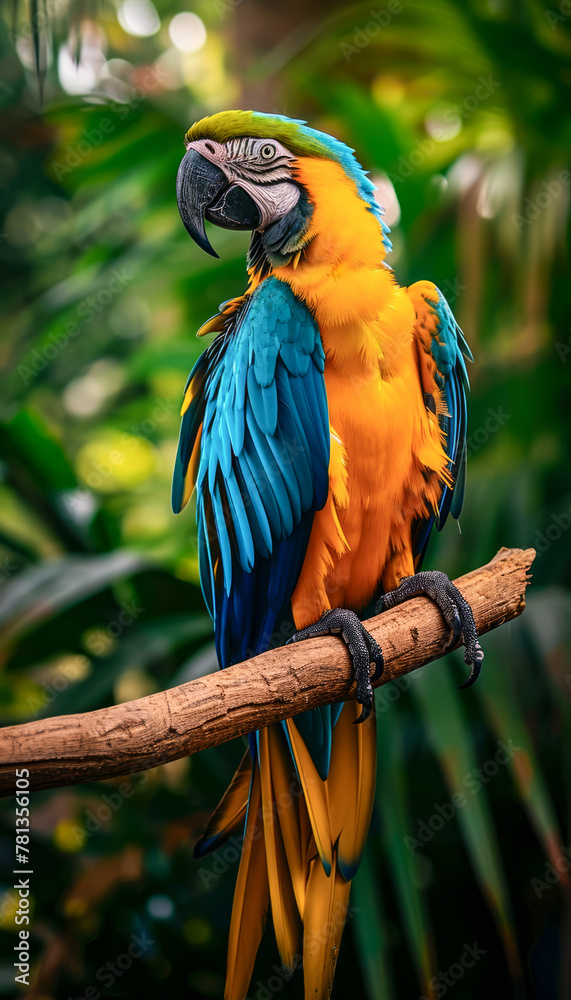 Blue and yellow macaw perched in jungle Blue and yellow macaw perched in jungle