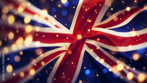 Abstract magical glowing British flag with bokeh light on festive background, blurry, holiday, celebrating photo