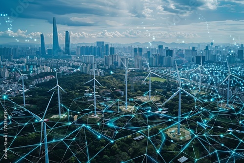 A high-voltages supply concept integrating wind turbines in order and solar power plants in a sophisticated grid-connected metropolitan area and space, Generative AI.
