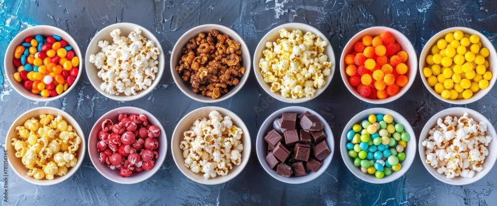 A variety of popcorn in bowls, including classic yellow and white churro style, colorful sweetand sour swirls, chocolate covered popcorn, A variety of popcorn in bowls, including classic yellow and white churro style, colorful sweetand sour swirls, chocolate covered popcorn,