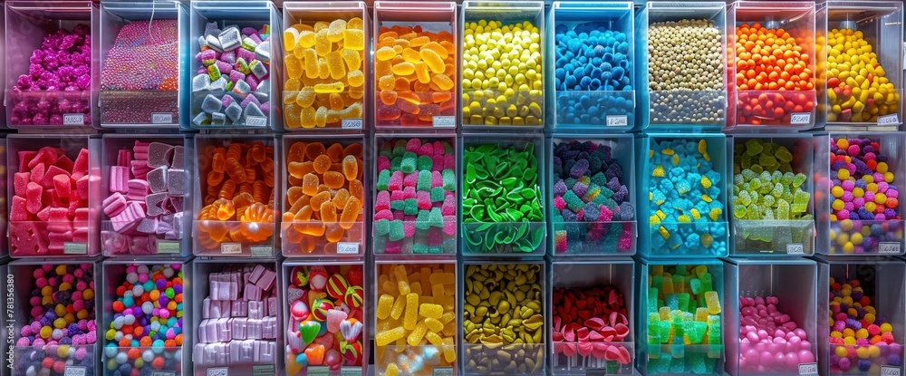 A vibrant display of colorful candies in various shapes and sizes, arranged neatly 