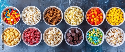 A variety of popcorn in bowls, including classic yellow and white churro style, colorful sweetand sour swirls, chocolate covered popcorn,