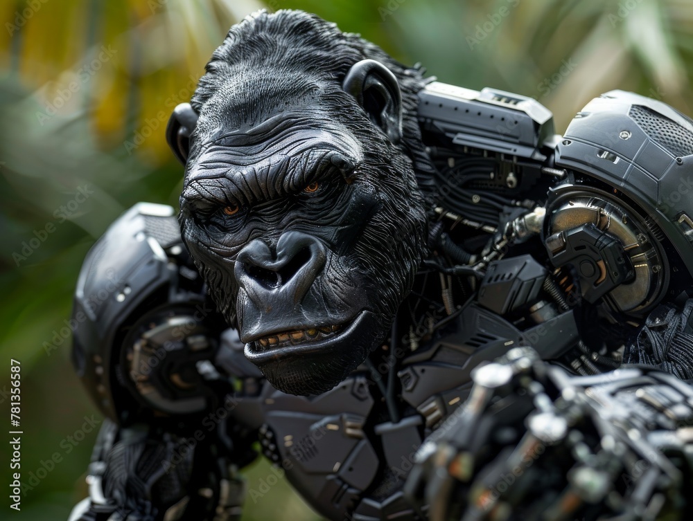 Cybernetic gorilla, chest beating, closeup, black matte finish with silver accents, jungle at dawn, powerful and imposing