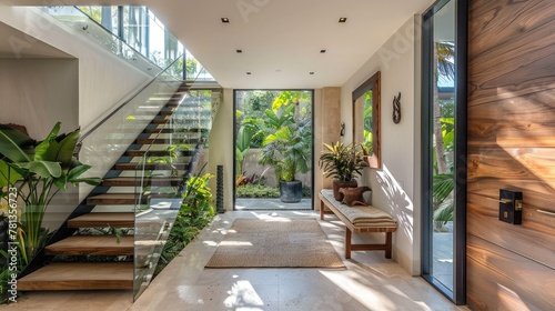 Entry hall and foyer with glass walls stairs console table bench and wooden door  Interior of a modern living room with a view of the garden 