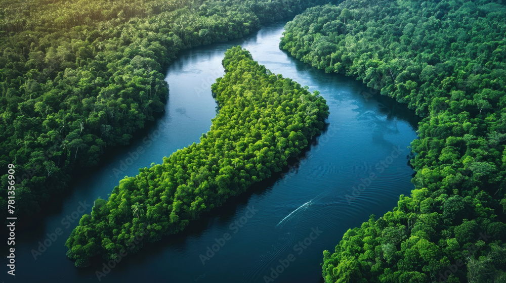 Serene river landscape with lush trees and a small island in the middle, banner, copy space