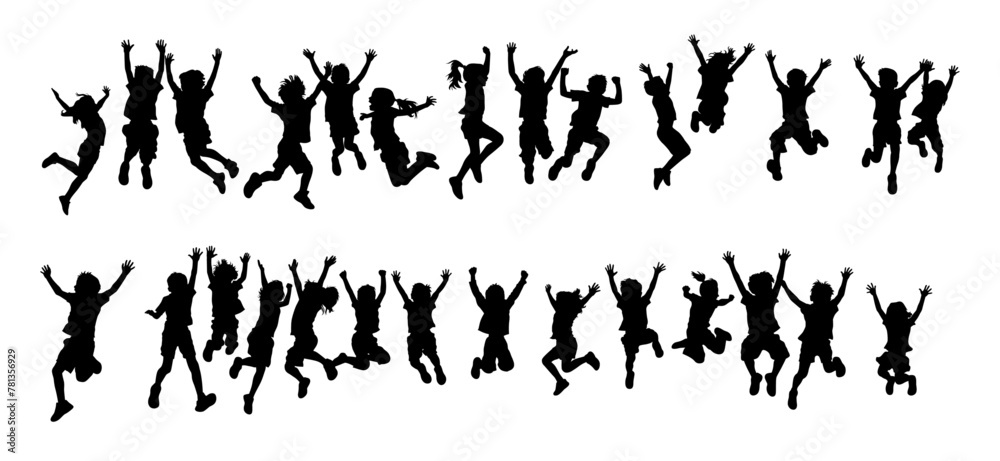 Many kid jumping cheerfully on grass, kids Jumping Silhouette, Vector silhouette of children playing