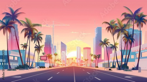 Tropical landscape at sunset with hotels, sandy beaches, palm trees and empty streets in Miami at sunset. Cityscape with empty roads and rescue towers at sea shore.