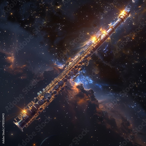 Oboe  each note a beam of light  revealing hidden constellations in a dark sky  whimsical planetary bodies in view  clear and mesmerizing