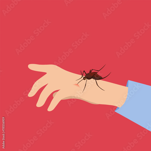 Mosquito bites a person hand flat design