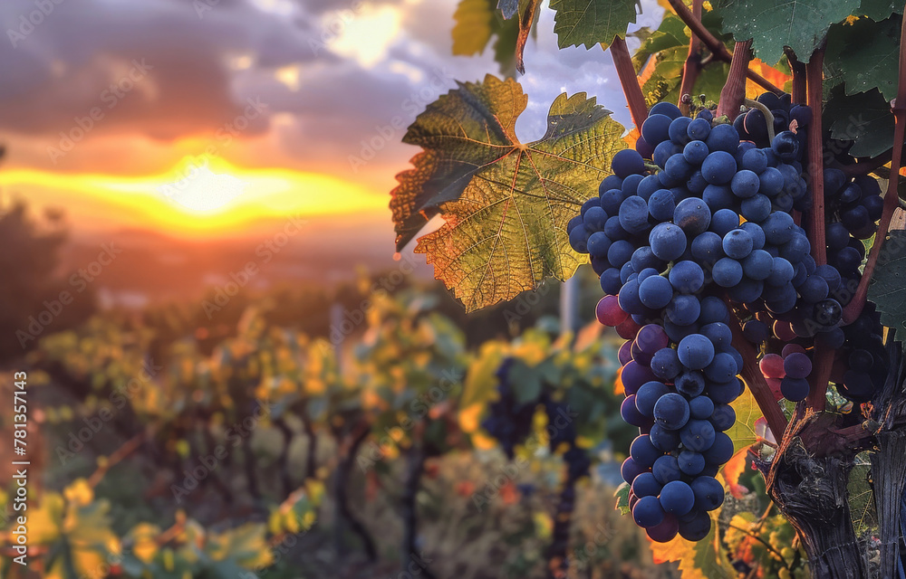 Grapes on the vine at sunset. Red grapes in vineyard