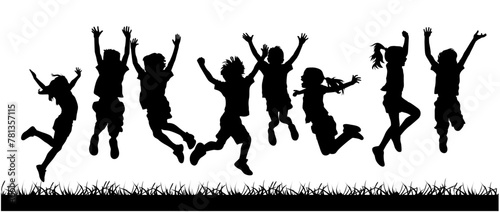 Many kid jumping cheerfully on grass, kids Jumping Silhouette, Vector silhouette of children playing photo
