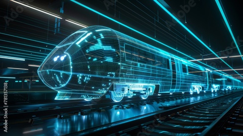 Train of the future in wireframe, station angle, glowing lines of electric blue and silver, clear and detailed photo