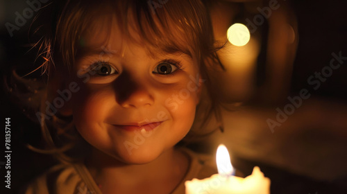 Tearyeyed yet smiling child, face lit by the warm, hopeful light of a candle, intimate and powerful photo