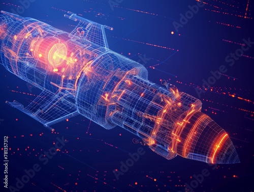 Wireframe spacecraft launching, bottomup view, glowing orange thrusters, deep space blue background, ultraclear photo