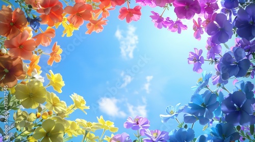 Fototapeta Naklejka Na Ścianę i Meble -  Colorful Flowers Blooming Under Clear Blue Sky with Copy Space in Center of Frame