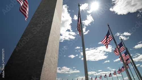 Slow motion of ring of flags flying at the Washington Monument in Washington DC on a sunny day with blue sky. photo