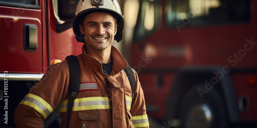 smiling male firefighter in a red uniform and fire helmet against the background of a fire station, cars, extinguishing, professional, specialist, rescuer photo