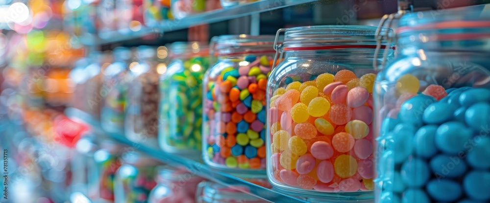Closeup of glass jars with candies in the candy shop , focus stacking technique, close up