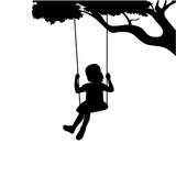 Girl play swinging swing under the tree silhouette isolated on white, swinging silhouette