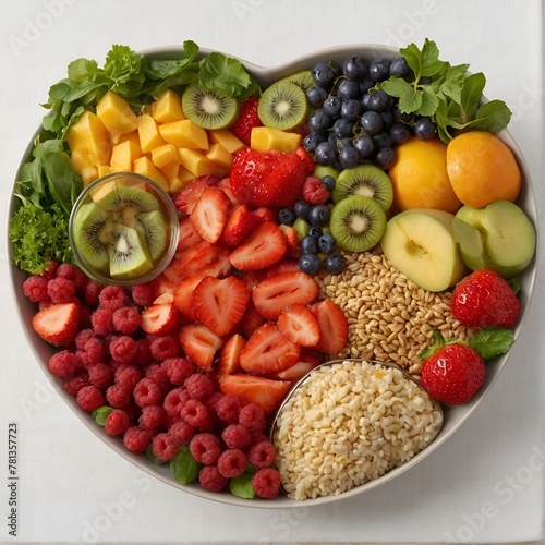 Indulge in nature's abundance with a heart-shaped bowl brimming with colorful, nutritious foods promoting heart health and wellness. 