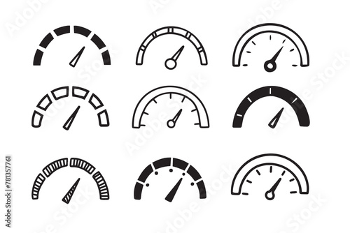 hand drawn doodle Speedometer, tachometer icon collection. Speed indicator sign set. 