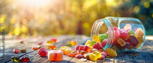 Colorful candies and gummies spilling out of a glass jar on a wooden table. Candy background with colorful sweets