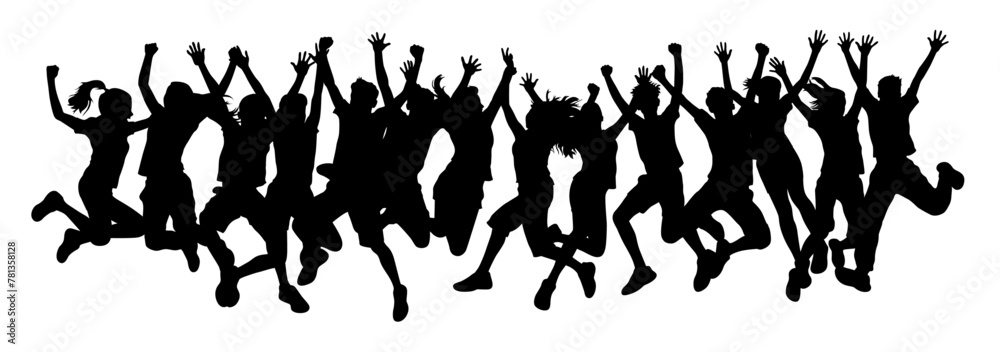 Many people jumping cheerfully, Silhouettes of jumping people, Silhouettes of man and woman jumping