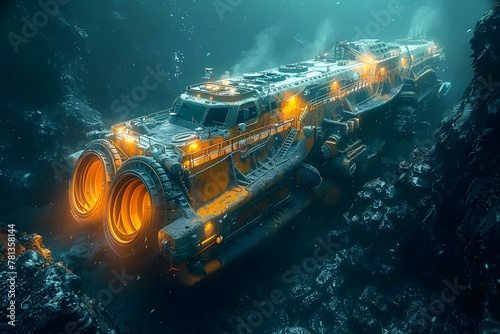 Deep sea vehicles collect minerals from seabed using mining technology. Concept Deep Sea Mining, Underwater Exploration, Mineral Extraction, Subsea Vehicles, Cutting-edge Technology © Anastasiia