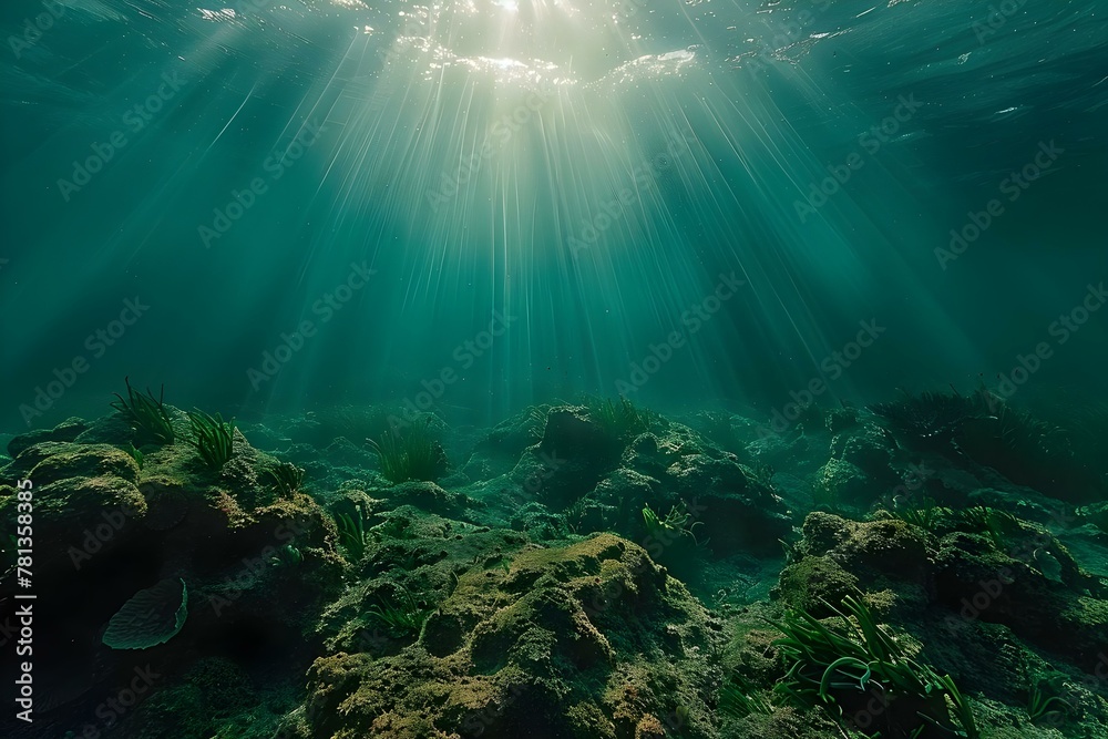 Sunlight illuminating rocky seabed with seagrass in Mediterranean Sea off Costa Brava. Concept Nature, Underwater Photography, Seagrass Ecosystem, Marine Life, Coastal Beauty