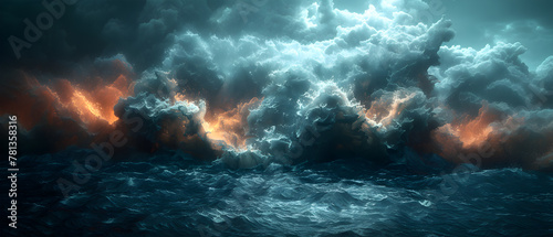 64k, 8k widescreen, 21:9, cloud skyscape, Fiery Sky and Water Blend, A captivating scene merging of fire and water against a backdrop of azure sky and billowing clouds, evoking a mesmerized nature