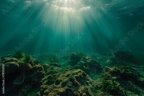 Sunlight illuminating rocky seabed with seagrass in Mediterranean Sea off Costa Brava. Concept Nature, Underwater Photography, Seagrass Ecosystem, Marine Life, Coastal Beauty