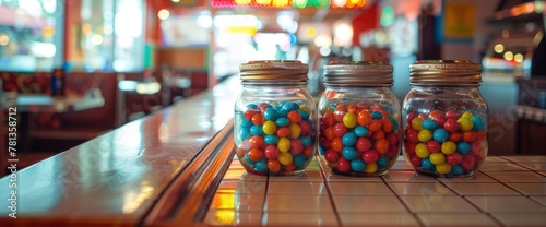 Colorful gumball candy jars on the counter at an old fashioned diner photo
