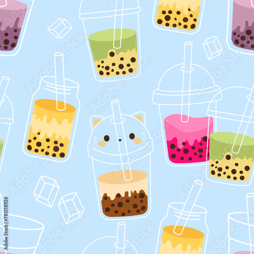 Cute seamless pattern with bubble tea. Endless background with boba in glasses, Asian pearl milk drink. Tapioca cocktails texture. Trendy pattern of seashells for wrapping paper, wallpaper, stickers