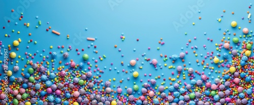 Colorful sprinkles on a blue background in a top view. The background features colorful candy