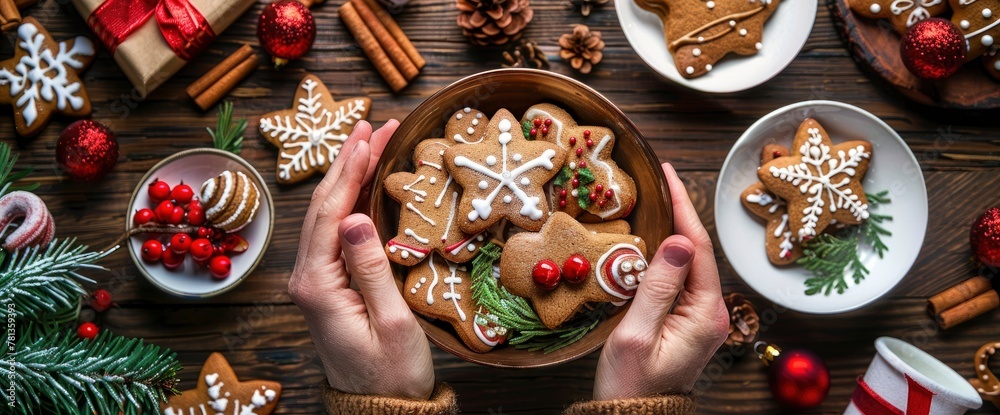 Man's hands holding a bowl with decorated gingerbread cookies on a table full of Christmas food and decorations, top view.